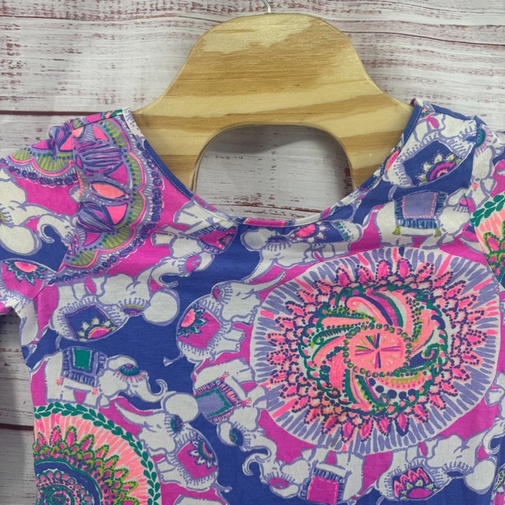 Lilly Pulitzer Dress Girls XL 12-14 Blue Pink Elephant Mandala Cotton Knit Dress